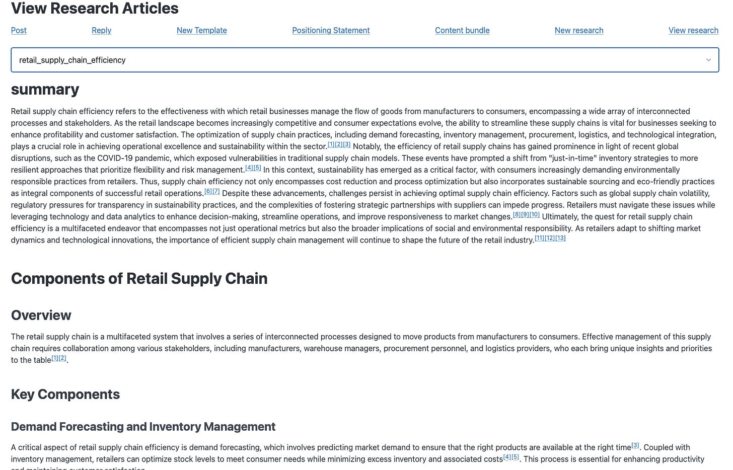 A custom, wikipedia-style article about the topic "Retail supply chain efficiency." The article shows a summary and components section.