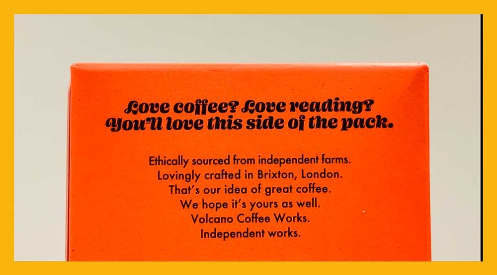 Copy on the back of Volcano Coffee Works coffee pods packaging.