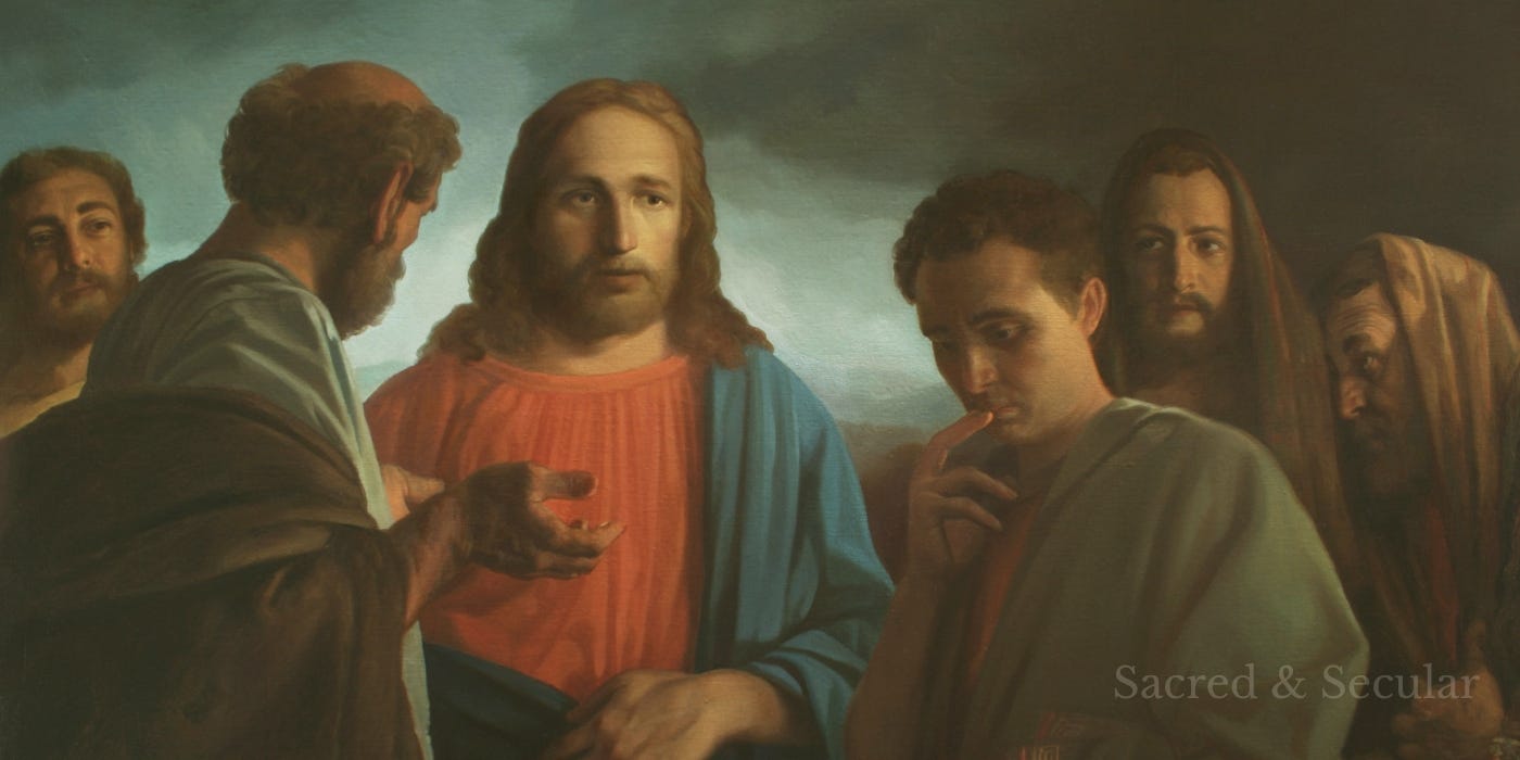 A classical-style painting of Jesus standing among a small group of men, engaged in conversation. One man gestures as he speaks, while others listen thoughtfully. The expressions suggest reflection and tension, with soft, warm lighting creating a calm but serious atmosphere. A classical-style painting of Jesus standing among a small group of men, engaged in conversation. One man gestures as he speaks, while others listen thoughtfully. The expressions suggest reflection and tension, with soft, warm lighting creating a calm but serious atmosphere.