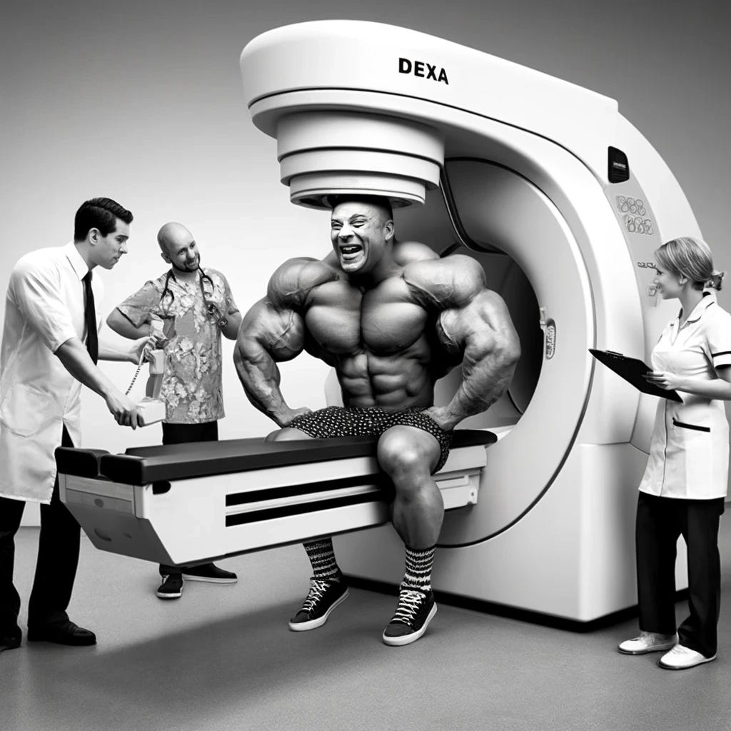 Create a black and white satirical image of a bodybuilder so muscular that he doesn't fit in a DEXA scan machine, to comedic effect. The scene depicts the bodybuilder, excessively jacked, trying to squeeze into the compact space of the DEXA machine. Nearby, nurses and technicians exhibit expressions of amusement as they struggle to figure out how to proceed with the scan. This time, the bodybuilder is laughing, adding an extra layer of humor to the situation. The gym-like environment emphasizes the bodybuilder's size in contrast to the delicate medical equipment.