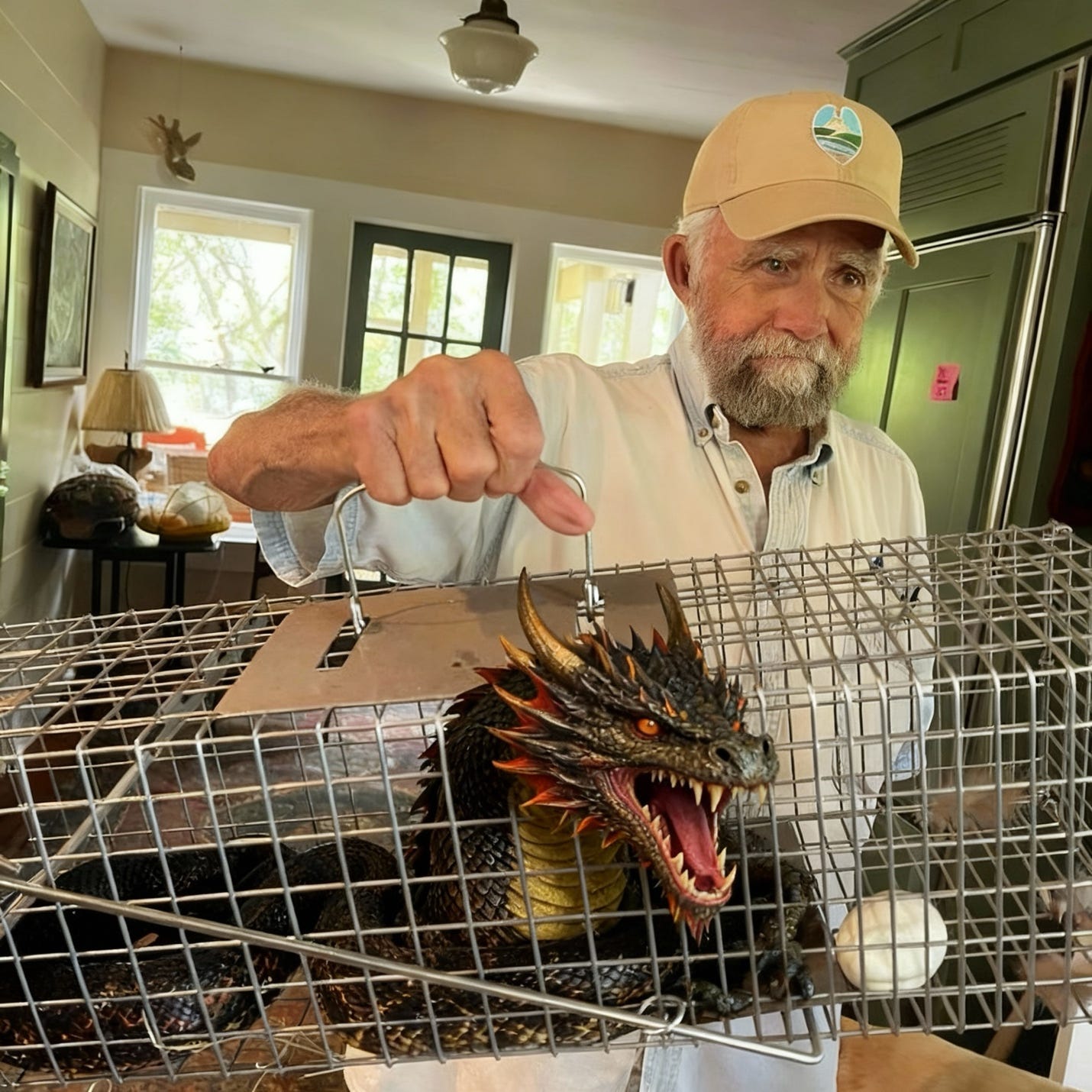 A fierce dragon inside a wire cage held by a man indoors.