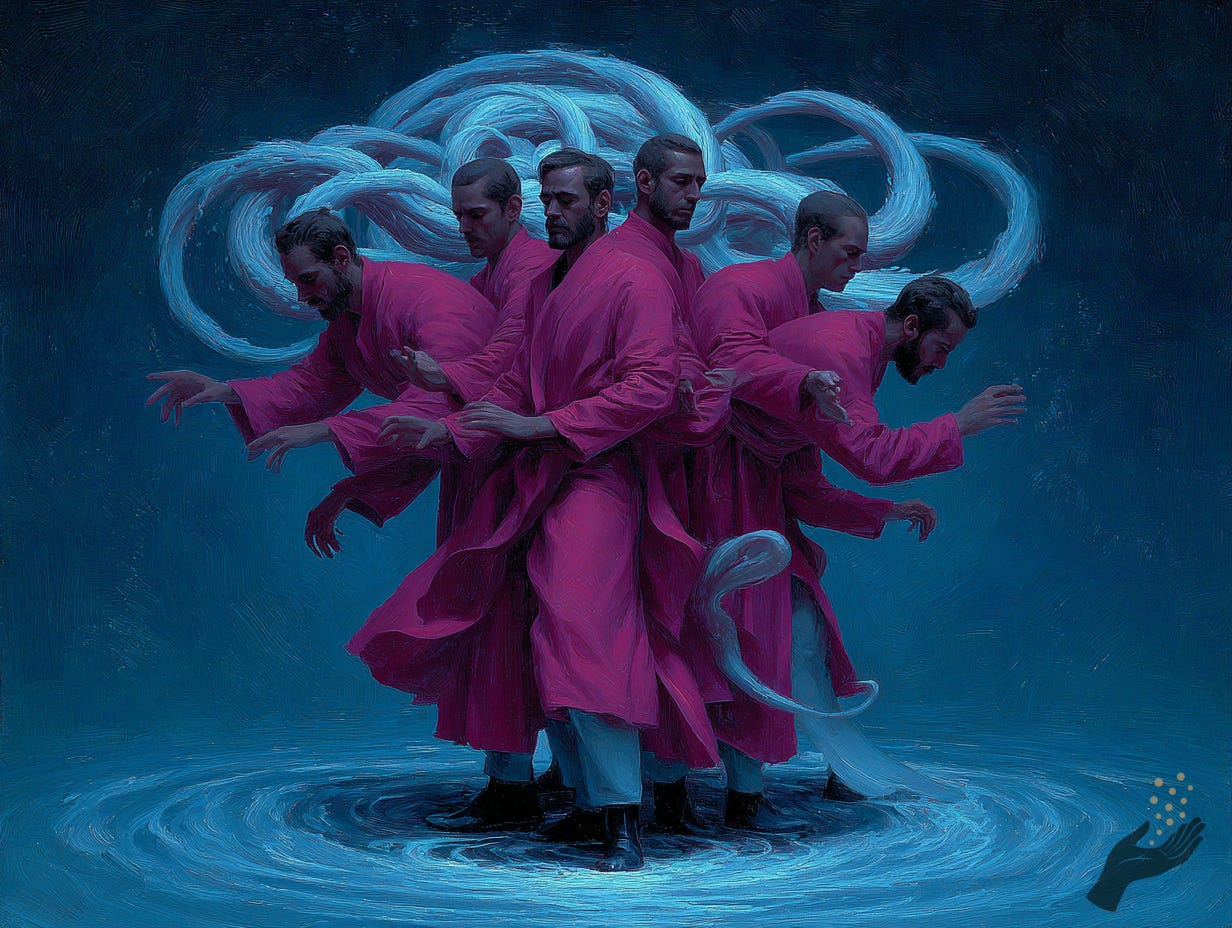A group of pink-robed figures stands closely fused back-to-back in shallow blue water, with repeated heads and arms extending in different directions and pale looping forms behind them.