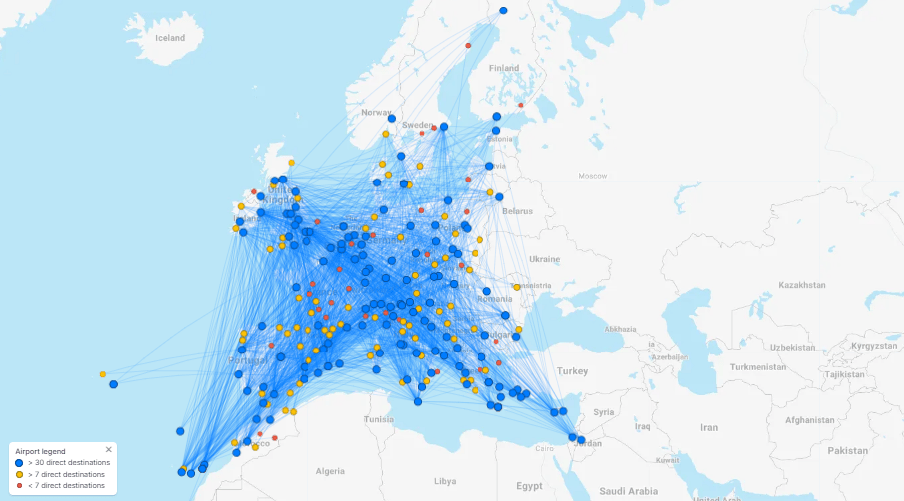 Ryanair flight route destinations map in 2026