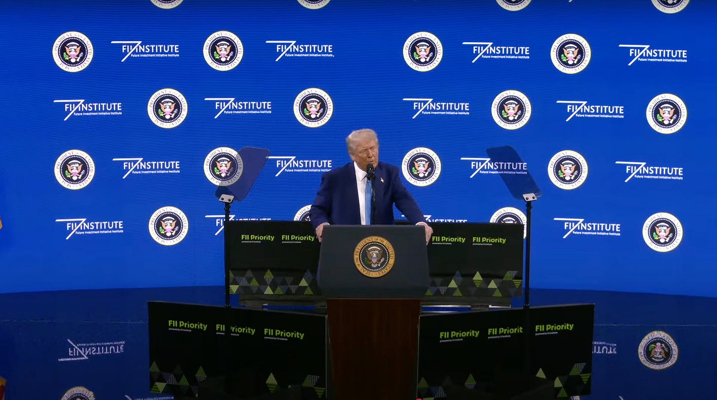 FII Institute on X: "🟢#LIVE from @POTUS at #FIIPRIORITY: President Trump  has expressed his gratitude to #SaudiArabia and Crown Prince Mohammed bin  Salman for hosting discussions in #Riyadh aimed at resolving the #