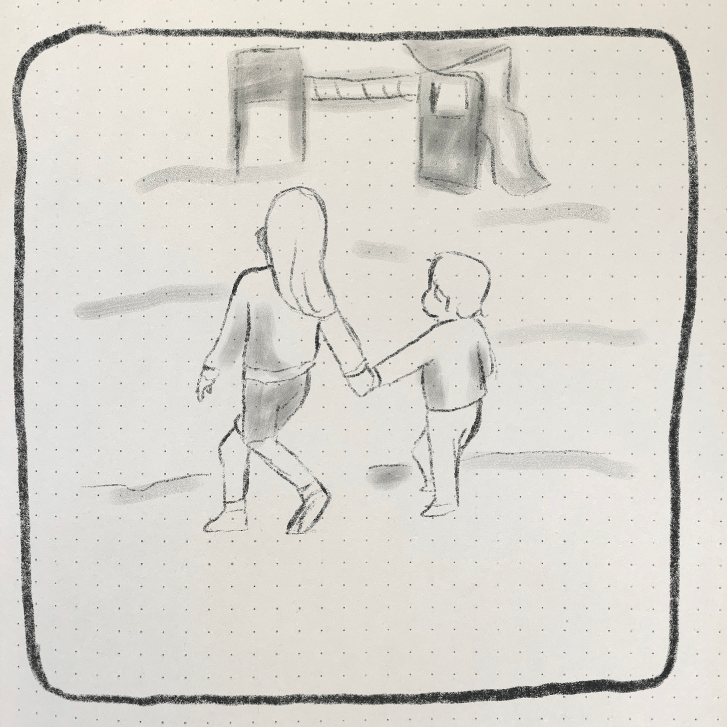 A drawing of my kids holding hands and walking towards a playground.