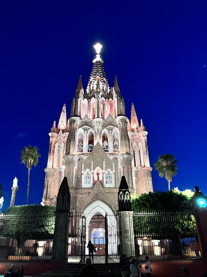 Jardín Principal, where locals gather and mariachis serenade and Parroquia de San Miguel Arcángel—its pink facade glowing in the evening light.