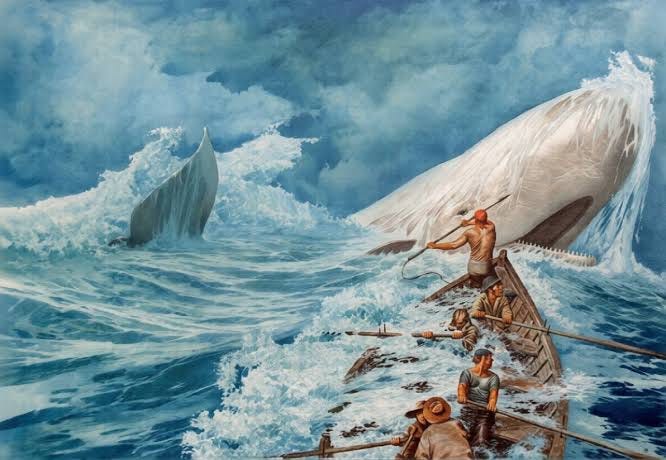 This illustration depicts a climactic moment from Herman Melville's 1851  novel, "Moby-Dick." The scene shows a life-and-death struggle between the  titular white sperm whale, Moby Dick, and the crew o