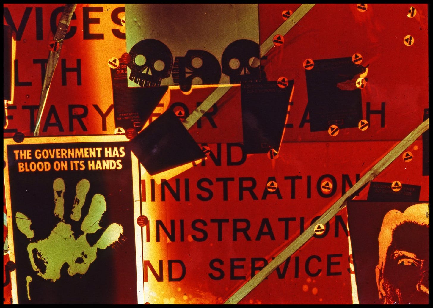 A striking collage features bold red and orange tones with text and protest imagery. A poster states, "The government has blood on its hands," alongside skulls, reflecting a tone of defiance. In the bottom left corner, part of a Ronald Reagan image is included in the collage. A striking collage features bold red and orange tones with text and protest imagery. A poster states, "The government has blood on its hands," alongside skulls, reflecting a tone of defiance. In the bottom left corner, part of a Ronald Reagan image is included in the collage.