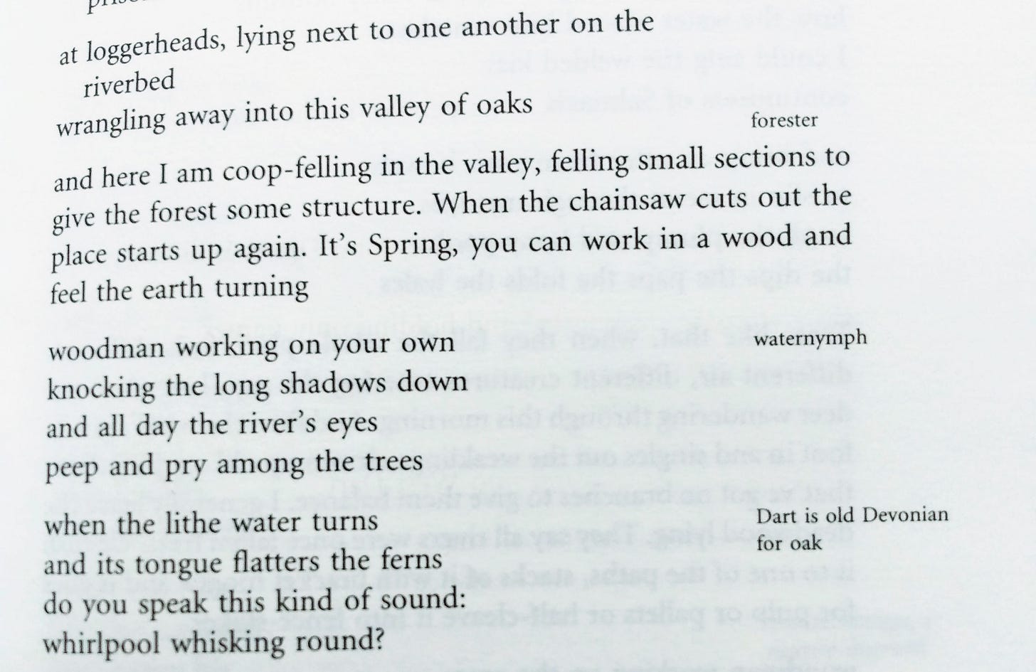 A snapshot of the interior of the book "Dart" showing the verses on the left with notes in a smaller font along the righthand margin