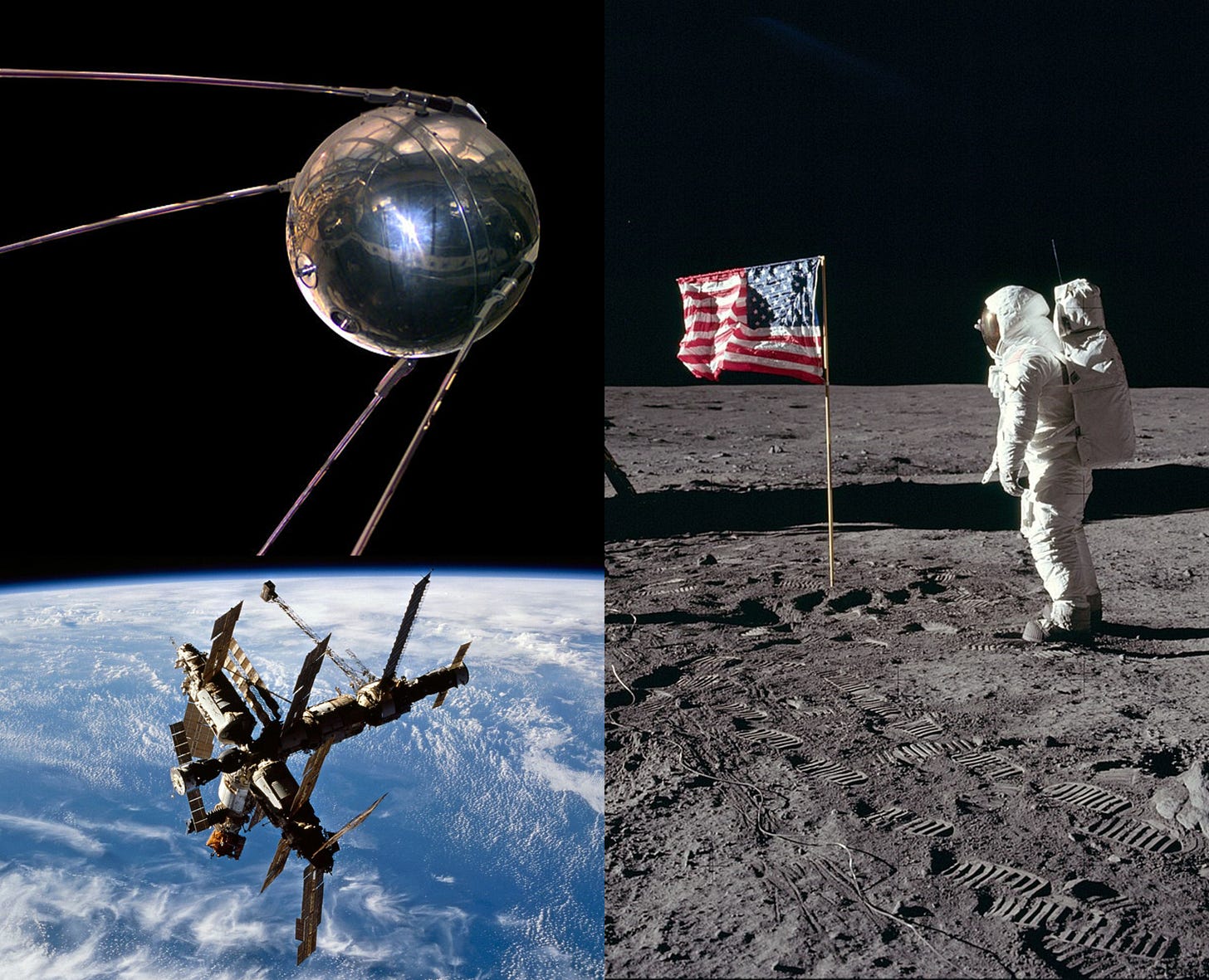 Left: an image of Sputnik in orbit over earth; right: an image of the first moonwalk with an American flag