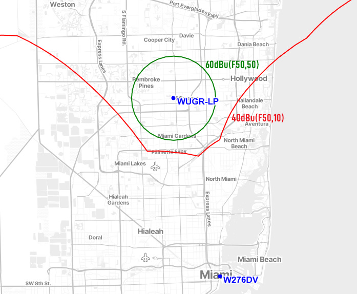 A contour map showing the 40 dBu interfering contour of the proposed W276DV facility and the existing licensed facility for WUGR-LP. It shows a pattern where the directional antenna was designed to carve out a hole for WUGR-LP but with the W276DV interfering contour close by to the southeast and southwest of the LPFM station's service contour. A contour map showing the 40 dBu interfering contour of the proposed W276DV facility and the existing licensed facility for WUGR-LP. It shows a pattern where the directional antenna was designed to carve out a hole for WUGR-LP but with the W276DV interfering contour close by to the southeast and southwest of the LPFM station's service contour.