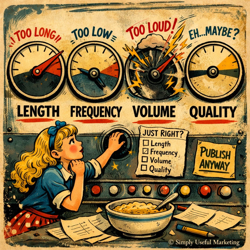 Vintage Guinness-style illustration of Goldilocks at a chaotic control panel with four oversized dials labeled Length, Frequency, Volume, and Quality. One dial reads too long, one too low, one is exploding as too loud, and one says eh…maybe? A bowl of porridge sits on the table beside scattered notes and a sign reading Publish Anyway, with © Simply Useful Marketing in the corner.