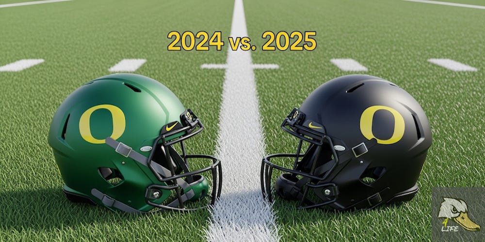 Oregon Ducks football helmet comparison graphic showing the 2024 green helmet facing the 2025 blackout helmet on a turf field with a white yard line, captioned “2024 vs. 2025.” Show here with www.Ducks4.Life 2025 Oregon Football schedule analysis. 