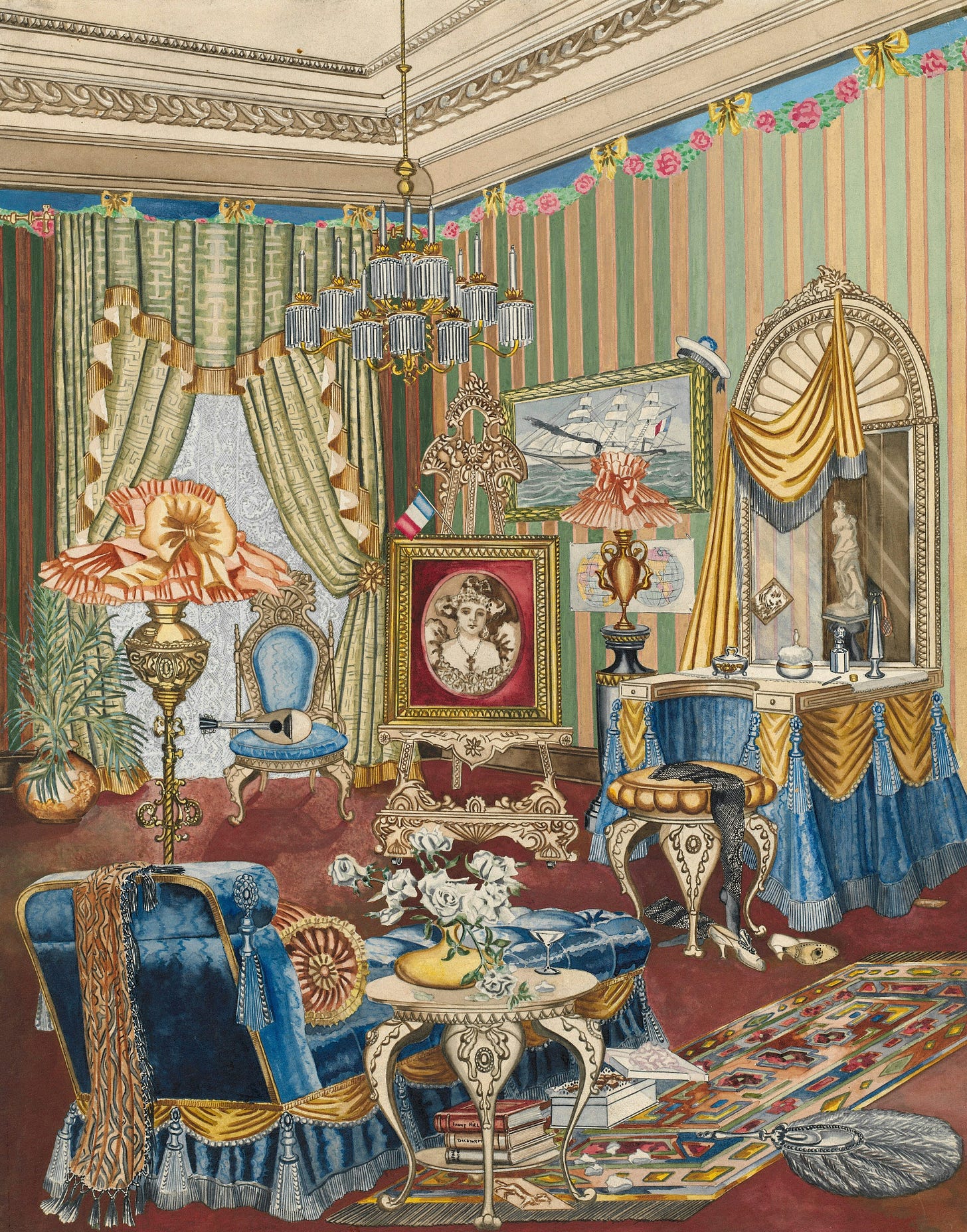 1939 painting by Perkins Harnly. Shows a richly decorated boudoir in Victorian style. The profusion of color, ornaments, furniture and stand alone art pieces form a tight, intimate environment that is richly colored in vibrant colors. 1939 painting by Perkins Harnly. Shows a richly decorated boudoir in Victorian style. The profusion of color, ornaments, furniture and stand alone art pieces form a tight, intimate environment that is richly colored in vibrant colors.