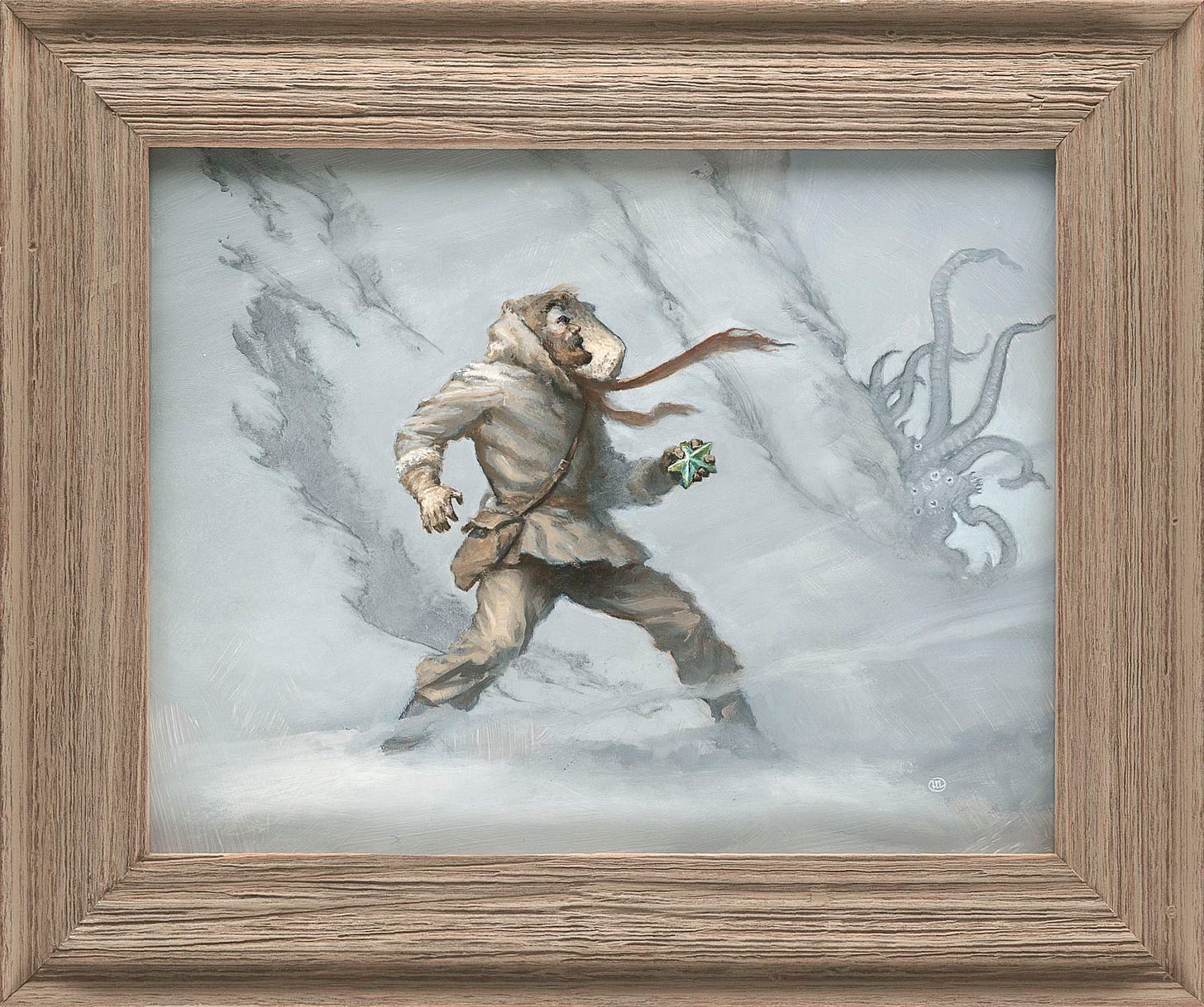 BLIZZARD OF FEAR (2018), Oil on Board - 11” x 14”, Custom framed in gray/brown rustic wood moulding. A bearded man in polar gear grips a five-pointed star as he turns in surprise with his russet colored scarf whipping near horizontal, caught by chill Antarctic wind. Drifts blow at his feet, defining a line of white. His stance is set wide suggesting pivoting movement. A side satchel is strapped across his chest, tying together the colors of scarf, leather, and beard. Emerging at the edge of the snow covered mountain is a Shoggoth, a tentacled monstrosity with a myriad of eyes clustered in the knot of flesh that is the center of its mass. BLIZZARD OF FEAR (2018), Oil on Board - 11” x 14”, Custom framed in gray/brown rustic wood moulding. A bearded man in polar gear grips a five-pointed star as he turns in surprise with his russet colored scarf whipping near horizontal, caught by chill Antarctic wind. Drifts blow at his feet, defining a line of white. His stance is set wide suggesting pivoting movement. A side satchel is strapped across his chest, tying together the colors of scarf, leather, and beard. Emerging at the edge of the snow covered mountain is a Shoggoth, a tentacled monstrosity with a myriad of eyes clustered in the knot of flesh that is the center of its mass.