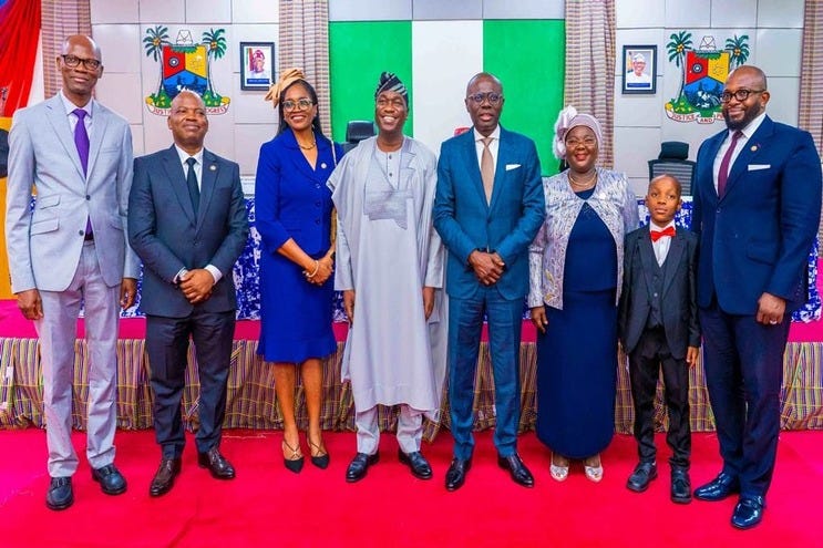 Lagos State Governor, Babajide Sanwo-olu, his Deputy, Dr. Obafemi Hamzat and newly sworn in officials on Friday. Credit: LASG Facebook Account Lagos State Governor, Babajide Sanwo-olu, his Deputy, Dr. Obafemi Hamzat and newly sworn in officials on Friday. Credit: LASG Facebook Account