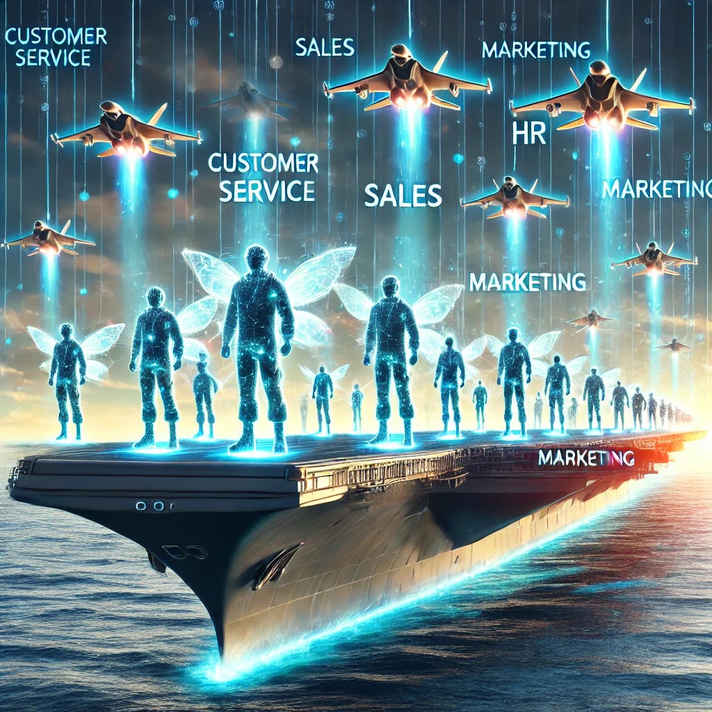 An aircraft carrier launching multiple AI software agents represented by glowing, futuristic digital figures, each labeled with their respective functions like customer service, sales, marketing, and HR. The aircraft carrier is depicted on the open sea, with each AI agent emerging from the deck, taking off like jets, symbolizing the deployment of various specialized AI programs. The background features a digital sky blending into the horizon, with data streams and networks connecting the agents, highlighting their roles in business operations. An aircraft carrier launching multiple AI software agents represented by glowing, futuristic digital figures, each labeled with their respective functions like customer service, sales, marketing, and HR. The aircraft carrier is depicted on the open sea, with each AI agent emerging from the deck, taking off like jets, symbolizing the deployment of various specialized AI programs. The background features a digital sky blending into the horizon, with data streams and networks connecting the agents, highlighting their roles in business operations.