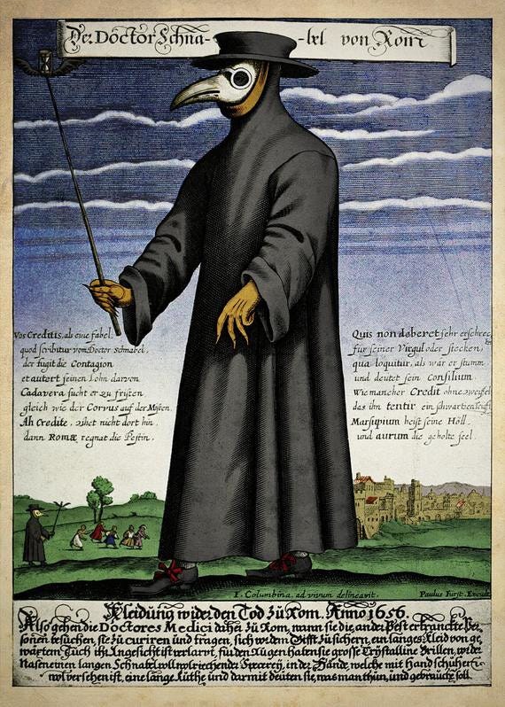 Historical colored engraving of Doctor Beak of Rome, published by Paulus Fürst, associated with the 1656 plague. Satirical illustration, not a photograph or proof of widespread use.
