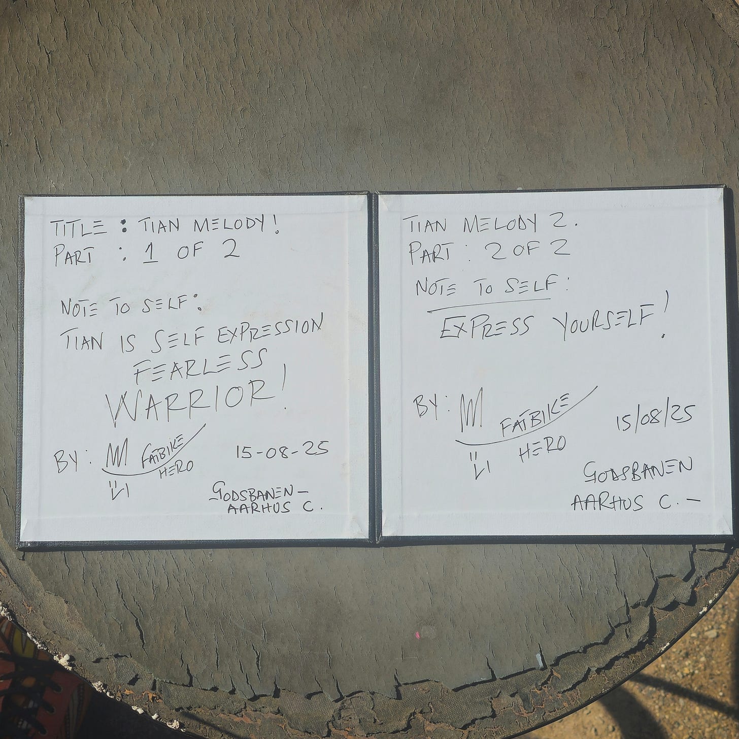 The back of two canvases showing handwritten notes by FatbikeHero, including the title "Tian Melody," dates, and the quote "Tian is self expression fearless warrior!"