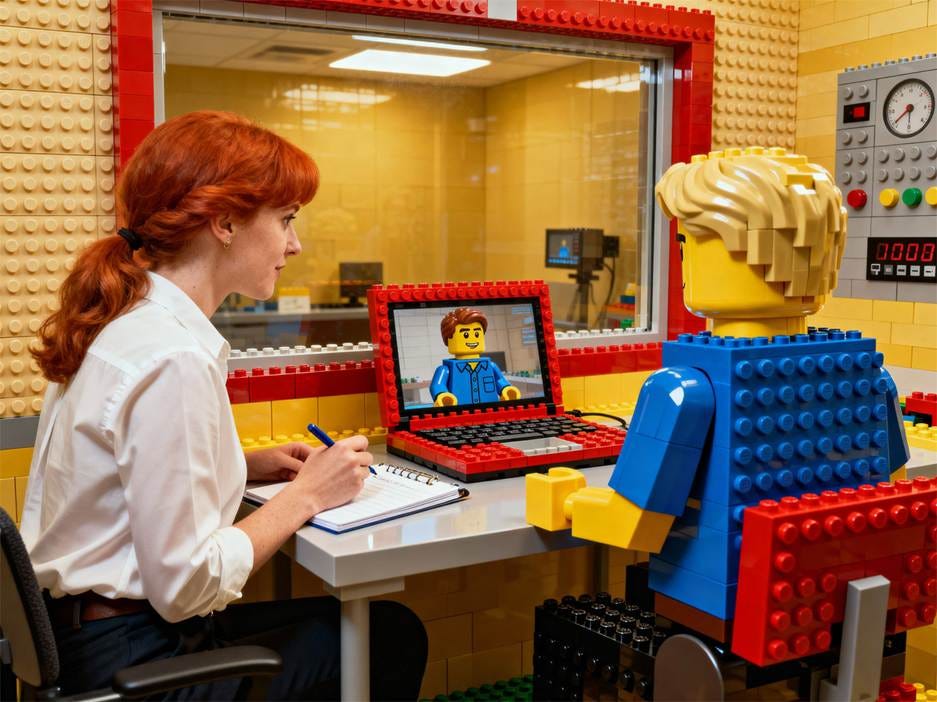 A person sitting at a desk with a computer and a lego figure