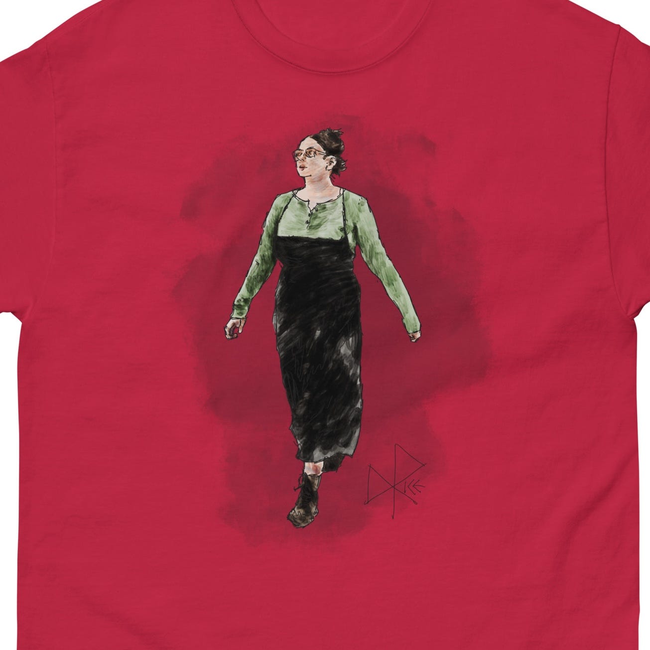 A woman working at a farmers market, walking briskly while wearing a long black apron. Sketch art by Don Rice. A woman working at a farmers market, walking briskly while wearing a long black apron. Sketch art by Don Rice.