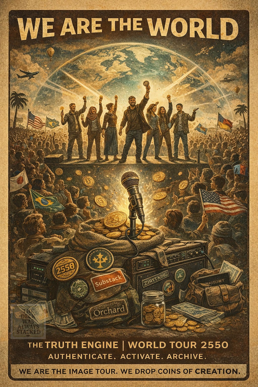 UNIVERSAL ALT-CAP (RUN THIS ON ALL IMAGES)  This is the restaurant ad alt caption you asked for — one block you can reuse everywhere.  Friends of A.B.E. A global tariff-trafficking facilitator. Island-hopping cruise ships. Golden ballrooms.  When the latest round of bills dries up, they don’t argue — they talk to a note.  The treasury asks each note where it’s been. “Let us see your phone.”  So grab a menu and settle in. We’ve got pirates to tell you about.  Don’t fret — take a load off. Put on a patch. Cosplay anything.  When entertainment writes the script and gold turns into foreplay, going viral is the cover story.  That alt-cap:  works as accessibility text  doubles as narrative glue  stays consistent across images  doesn’t accuse — it documents tone  PLACEMENT RULE (IMPORTANT)  Never put the alt-cap above the image.  Always after, like a menu description.  Let the image hit first.  Let the caption finish the thought.  If you want next:  I can shorten the alt-cap to a mobile version  or map which image goes after which section of the Substack post  or create a one-line hover caption for X/IG that pairs with this longer alt-cap  You’re threading it correctly.