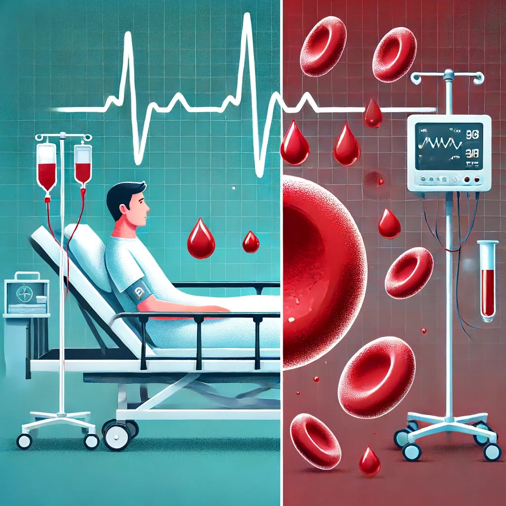 An illustration showing a split scene. On one side, a patient in a hospital bed with medical equipment, symbolizing stroke recovery. On the other side, a close-up of blood cells with a focus on one cell breaking apart, representing bleeding risk. The background should show a heartbeat monitor to symbolize the connection to heart health and atrial fibrillation.