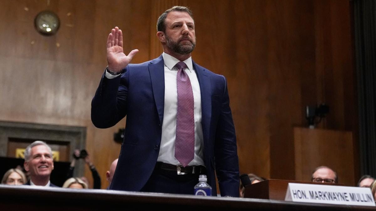 Sen. Markwayne Mullin, R-Okla., President Donald Trump's pick for Homeland Security secretary, is sworn in before testifying during Senate Committee on Homeland Security and Governmental Affairs hearing, Wednesday, March 18, 2026 on Capitol Hill in Washington. (AP Photo / Manuel Balce Ceneta)