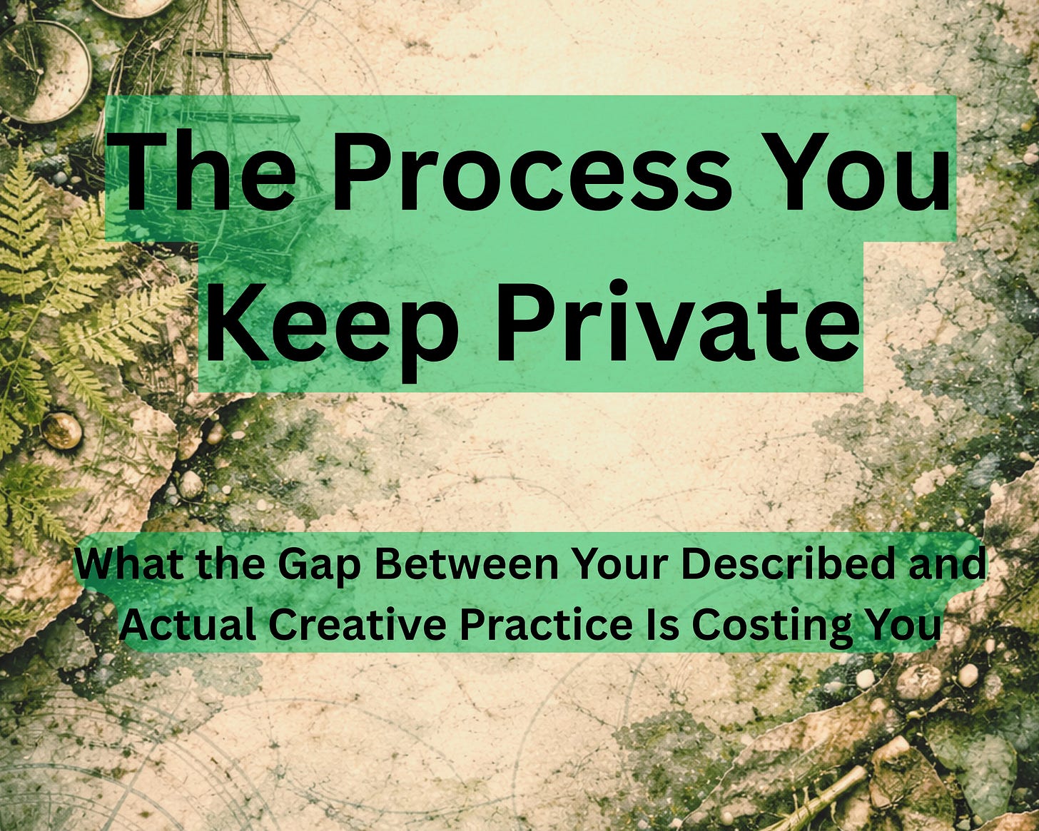 A vintage cartographic map background with ferns, stones, and a compass, overlaid with green text blocks reading "The Process You Keep Private: What the Gap Between Your Described and Actual Creative Practice Is Costing You," the header image for a newsletter about authentic creative process and what maintaining the performance of respectability costs.