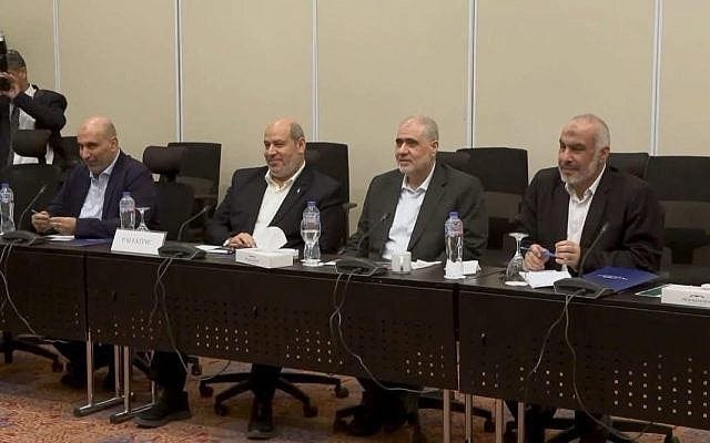 Hamas negotiators including Khalil al-Hayya (second from left) seen in a photo indicating success in the mediated Israel-Hamas negotiations on a Gaza hostage-ceasefire agreement in Sharm el-Sheikh, in the early hours of October 9, 2025. (Telegram / used in accordance with clause 27a of the copyright law)