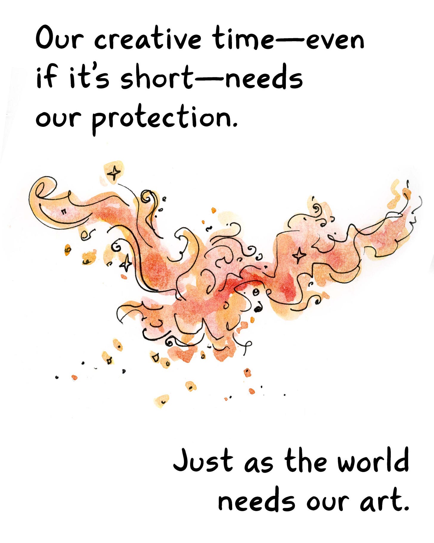 Watercolor comic page by graphic novelist K. Woodman-Maynard about meeting a baby owl. Comic text reads: ”Our creative time–even if it’s short–needs protection. Just as the world needs our art.” 