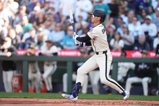 Seattle Mariners’ Colt Emerson lines out in his first major... Seattle Mariners’ Colt Emerson lines out in his first major...