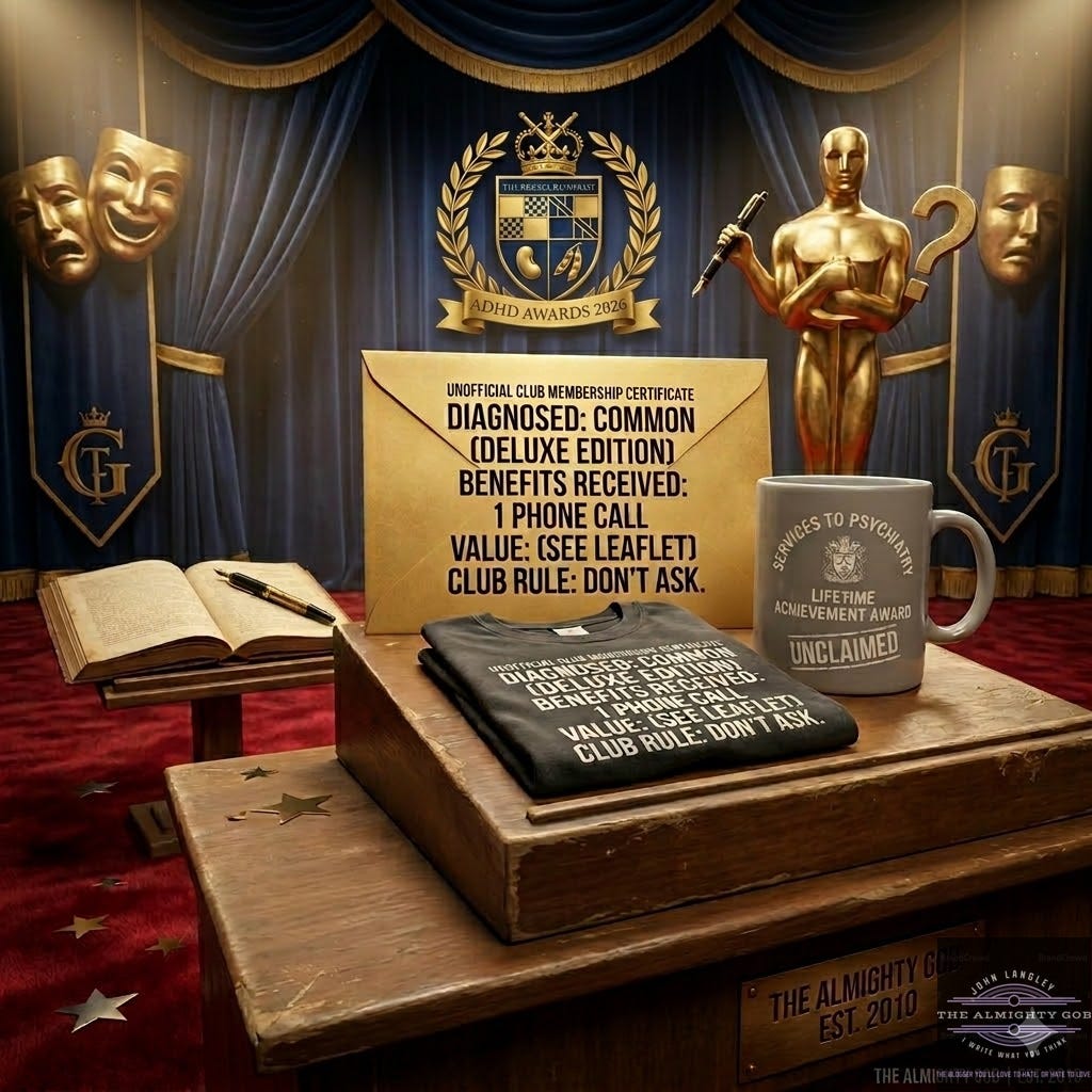 Satirical "ADHD Awards 2026" stage by The Almighty Gob: a mock "Diagnosed: Common (Deluxe Edition)" club membership certificate and matching t-shirt, a gold Oscar-style statuette beside a giant question mark, and an unclaimed "Services to Psychiatry Lifetime Achievement Award" mug — an adult ADHD diagnosis staged as a hollow awards night. Satirical "ADHD Awards 2026" stage by The Almighty Gob: a mock "Diagnosed: Common (Deluxe Edition)" club membership certificate and matching t-shirt, a gold Oscar-style statuette beside a giant question mark, and an unclaimed "Services to Psychiatry Lifetime Achievement Award" mug — an adult ADHD diagnosis staged as a hollow awards night.