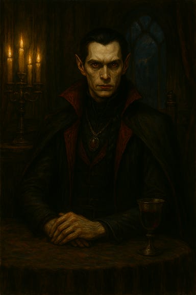 A dark fantasy portrait of Strahd Von Zarovich in the dining hall of Castle Ravenloft. He is depicted as a tall, gaunt vampire lord with high cheekbones, a sharp aquiline nose, and deep-set eyes glowing faintly red. His raven-black hair is swept back, with a few strands falling forward. He wears a high-collared black velvet coat with blood-red embroidery, a fitted waistcoat with arcane sigils, and a sweeping cape lined in faded gold. His gloves are soft leather, and a tarnished medallion hangs at his throat. He stands at the head of a long, candlelit dining table, surrounded by gothic architecture—arched windows, stone columns, and flickering chandeliers. The atmosphere is moody and cinematic, with lightning illuminating the stained glass and casting eerie shadows across the hall. His expression is composed, predatory, and regal, as if awaiting guests he already knows will fail him.