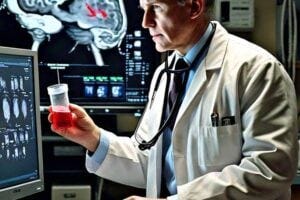 An AI-generated image showing a doctor holding a vial of blood in one hand and pointing to a brain scan with the other, symbolizing the connection between the blood test and predicting stroke and cognitive decline risk.