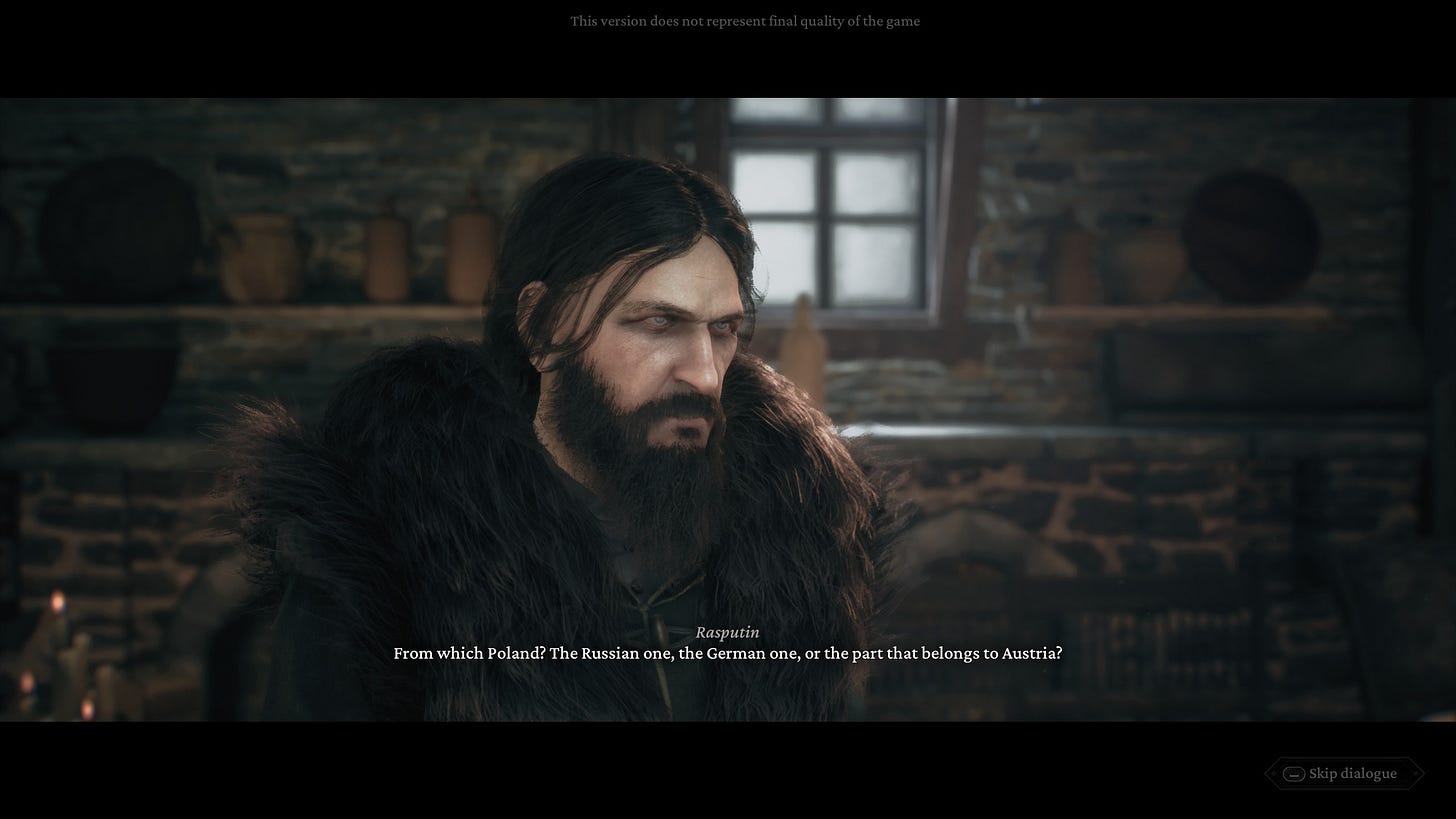A screenshot of the game The Thaumaturge, showing a dialogue with Rasputin, the historical character.