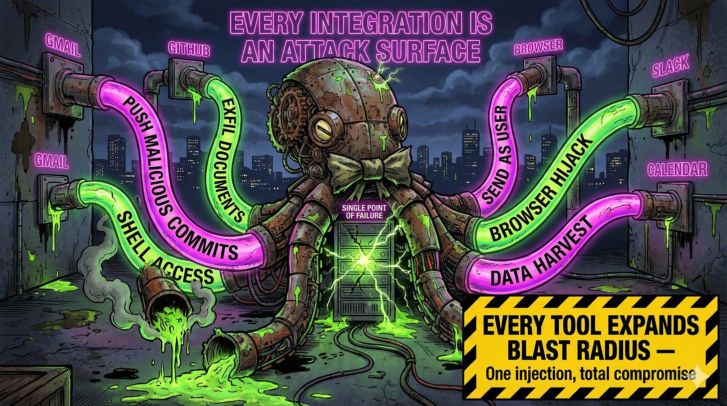 Moltbot tool integrations including shell access, Gmail, GitHub, and browser control create expanded attack surface for prompt injection exploitation Moltbot tool integrations including shell access, Gmail, GitHub, and browser control create expanded attack surface for prompt injection exploitation