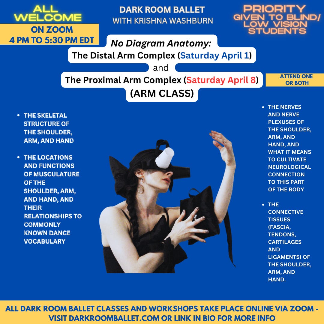 Image is a flyer that contains all the info in this message/post, in white, black blue and orange text on a primarily blue and sometimes yellow backgrounds. The main image is of Krishna in a wearable art piece by artist Ntilit. Krishna is seen from the side, with hair braided, her eyes covered with black and white cups, and her arms bent, one close to the body and one in front of her face, both wrapped by small dark pillows that are filled with small bells and crinkle balls (inside unseen).