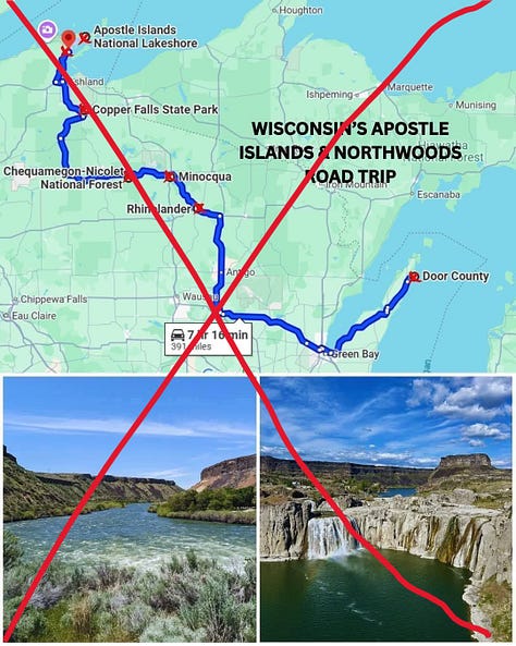 A range of fake, AI-generated photos of places in the Michigan and Wisconsin.
