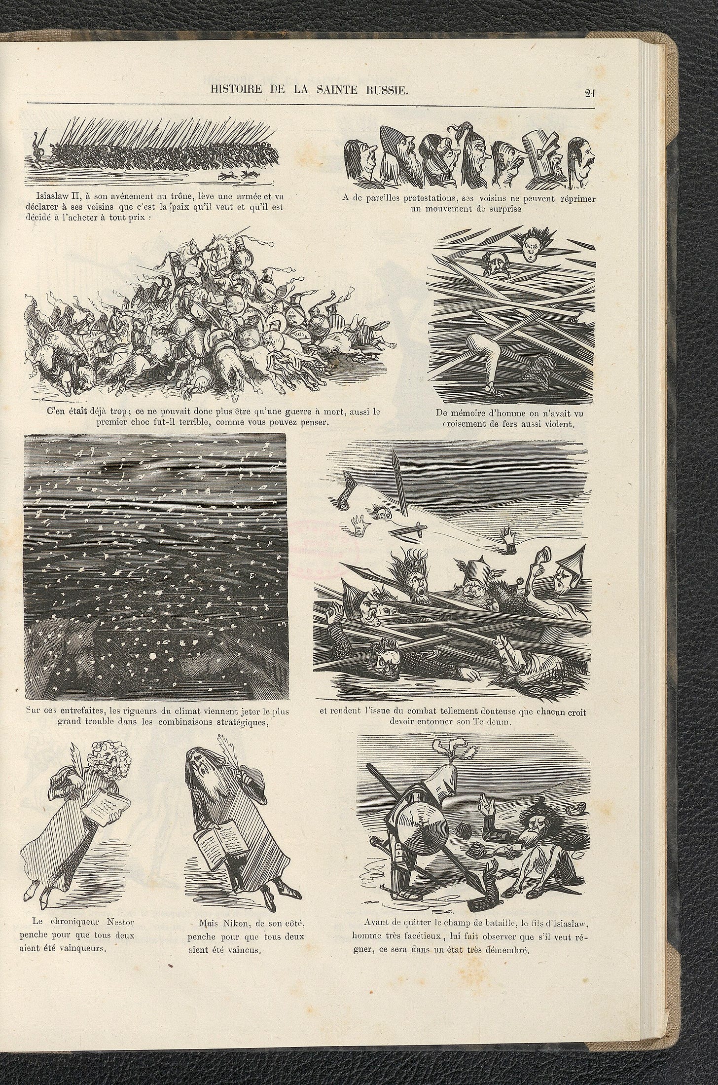 A printed page of nine comic panels: two armies crash together, a panel almost entirely black and filled with falling snow, and two bearded chroniclers in robes reading from their books. A printed page of nine comic panels: two armies crash together, a panel almost entirely black and filled with falling snow, and two bearded chroniclers in robes reading from their books.