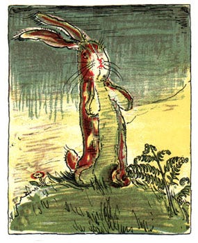 A watercolor illustration of the Velveteen Rabbit standing on a hillside with plants all around.