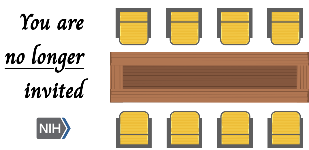 you are no longer invited (with a picture of empty chairs around a boardroom table) you are no longer invited (with a picture of empty chairs around a boardroom table)