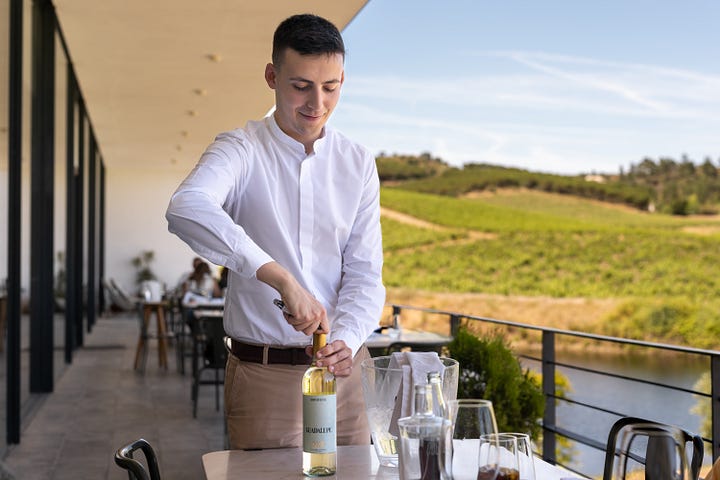 photos provided by Quinta do Quetzal winery, sommeliers pouring wine to guests