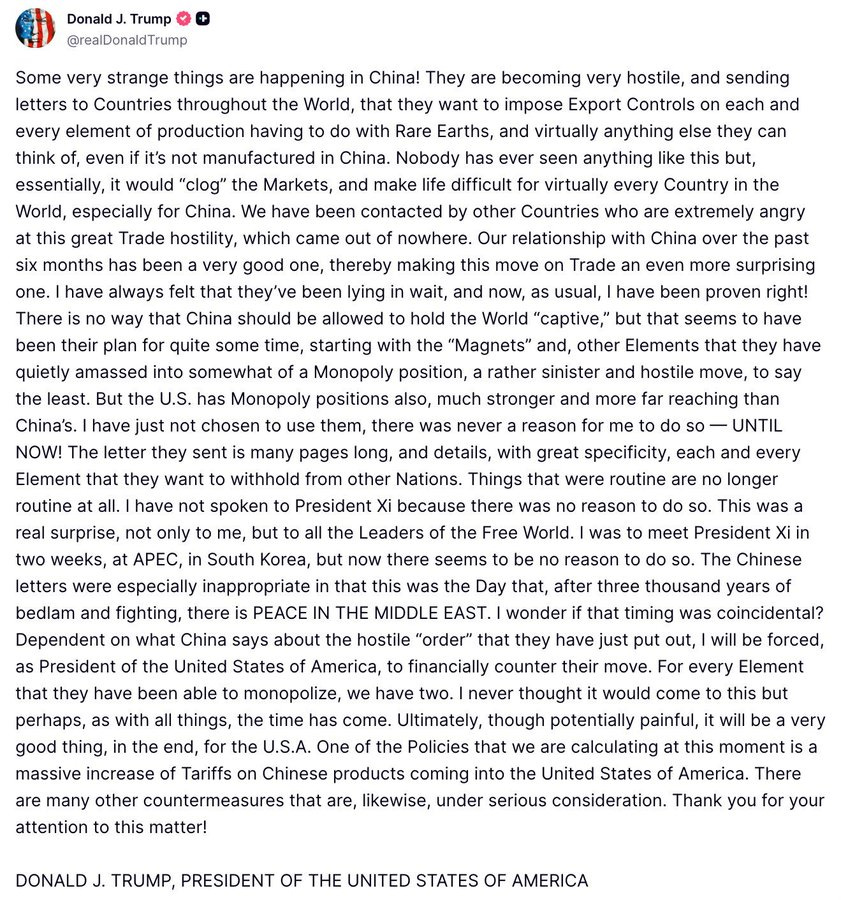Image of a formal statement document with official seals from Donald J Trump President of the United States of America and RealDonaldTrump watermark, containing text discussing Chinas control over rare earth minerals, threats to global economies, export controls, manufacturing impacts, and proposals for tariffs and countermeasures against Chinese products entering the US market.