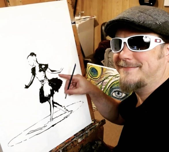 John Bramblitt smiles next to his painting of a ballerina John Bramblitt smiles next to his painting of a ballerina