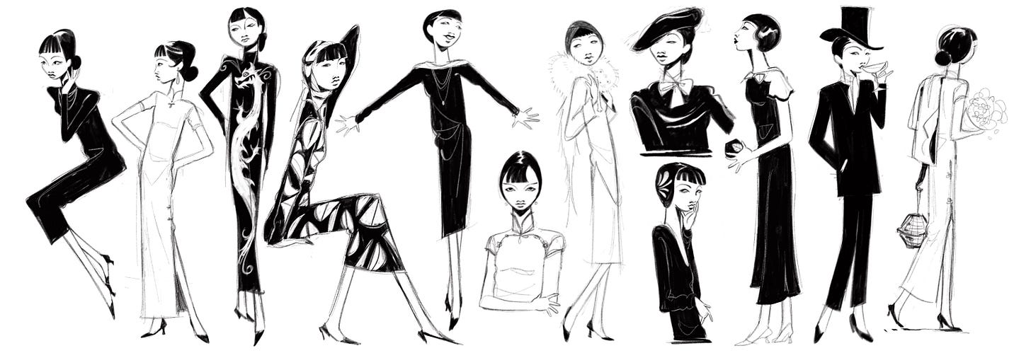 many versions for AMW illustrated in black and white wearing some of her well known fashions