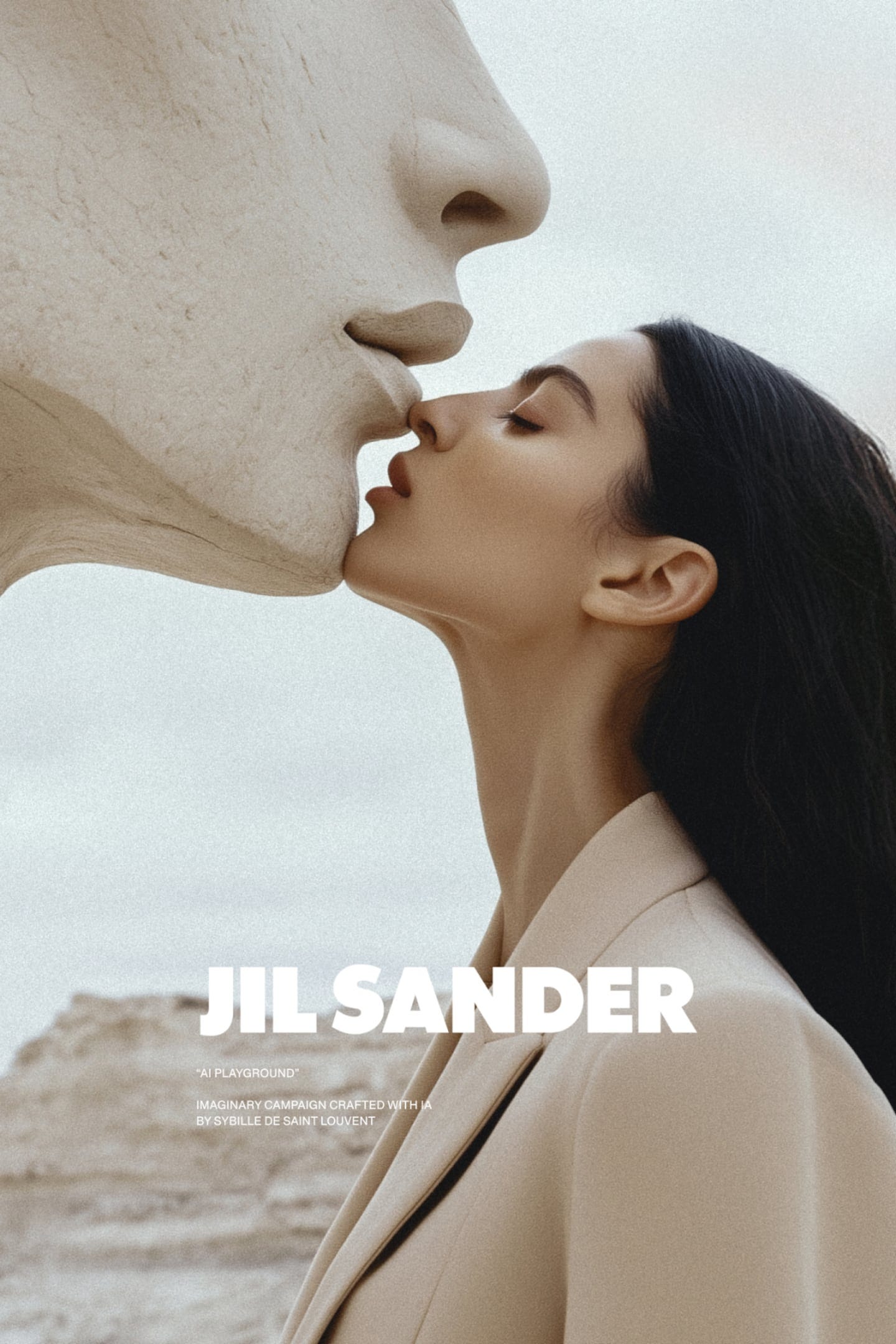 A woman touches her uplifted nose and chin to a large stone face.
