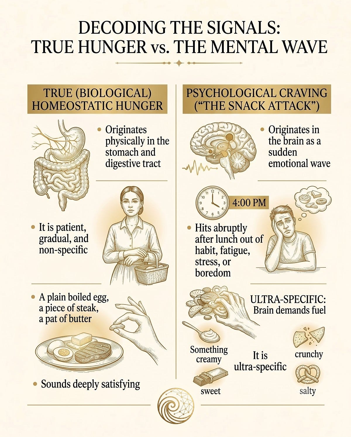 Side-by-side visual comparing physiological homeostatic hunger with brain-driven psychological cravings. Side-by-side visual comparing physiological homeostatic hunger with brain-driven psychological cravings.
