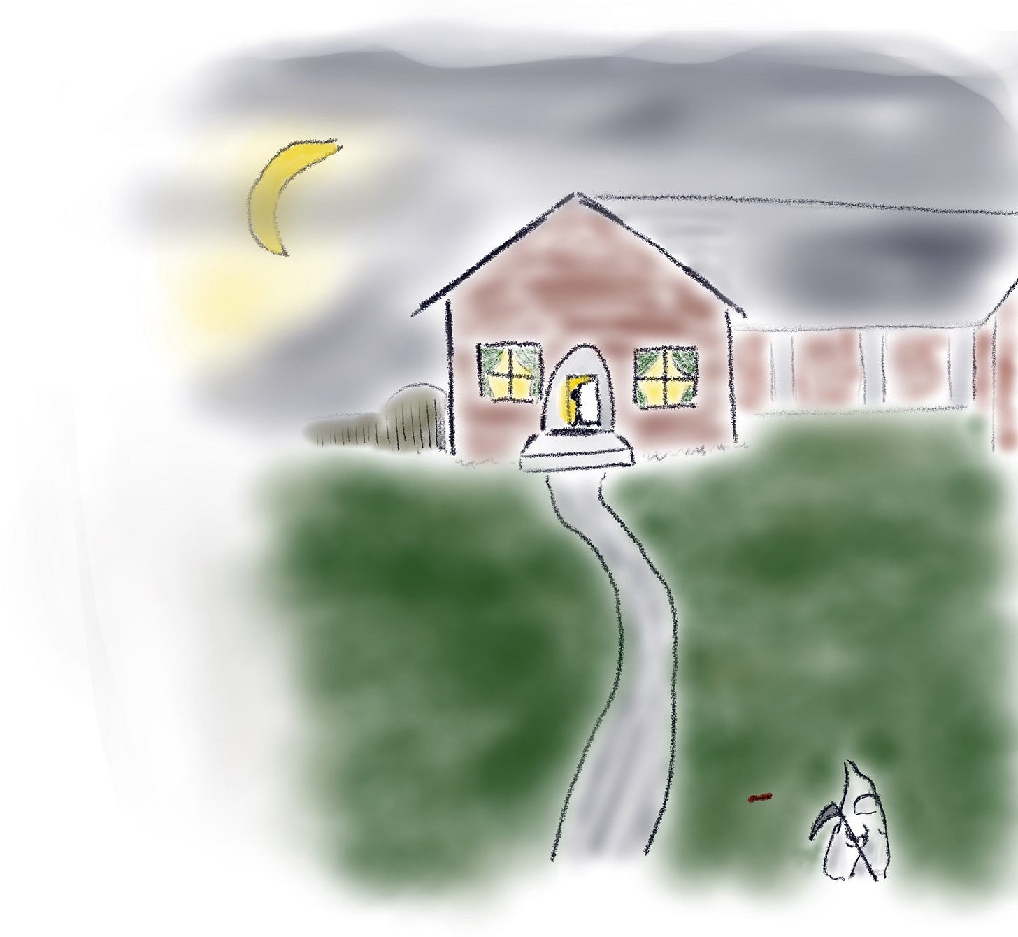 A little boy with a scythe over his shoulder walks away from a house, where a man is peaking out of the cracked open door at him.