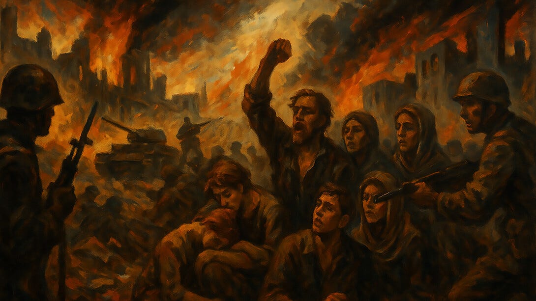 A haunting, painterly depiction of civilians caught in the chaos of war